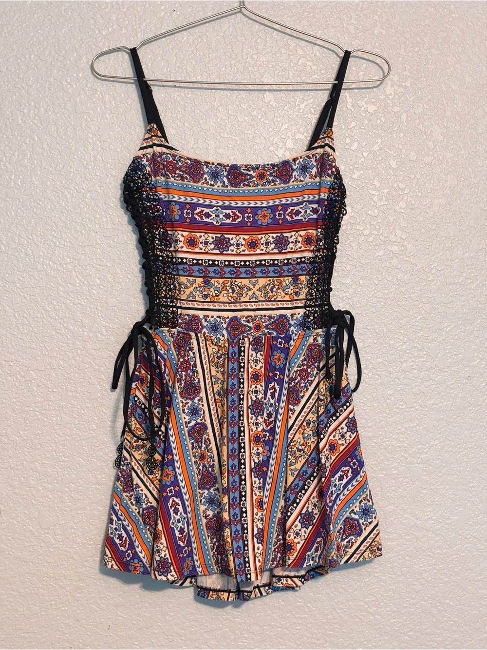 Anne Cole Multicolor Striped Floral Swim Mini Dress with Black Crochet Side